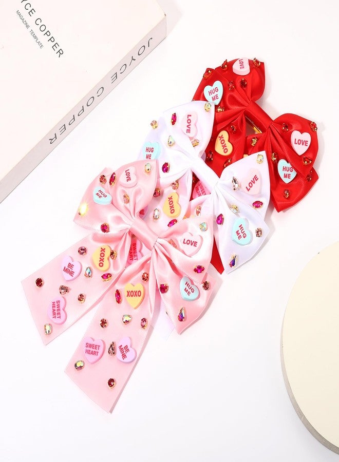 YAHPERN 3PCS Valentine’s Day Hair Bow Clips for Women Conversation Heart Hair Clips Jeweled Crystal Hair Bows Stain Red Pink Hair Ribbon Bow Barrettes Valentine’s Day Outfits Accessories Gifts - Image 4